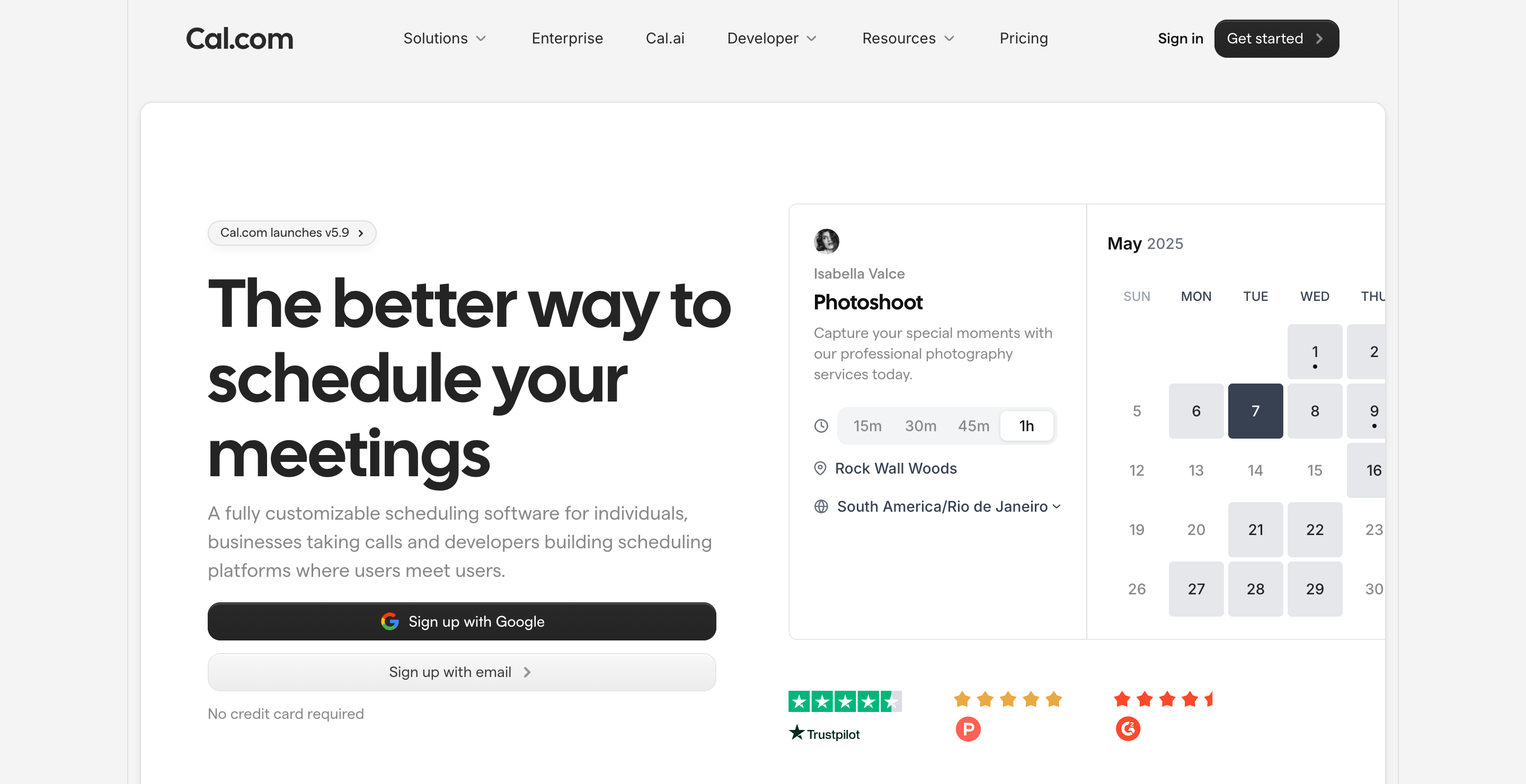 Cal.com homepage with hero and scheduling preview