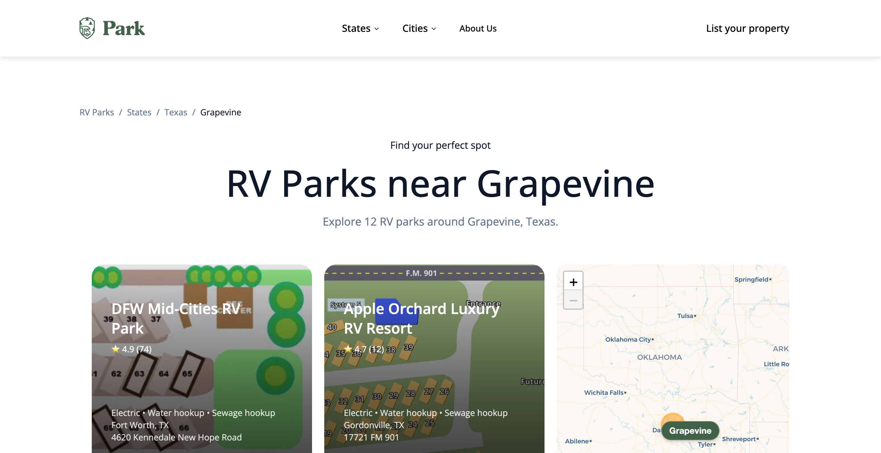 Parkwith Grapevine, Texas RV park listings